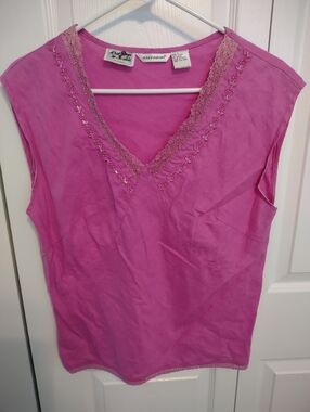 Richard Malcolm Womens Size Lg Linen Sleeveless Pink Embroidery Beaded Neckline